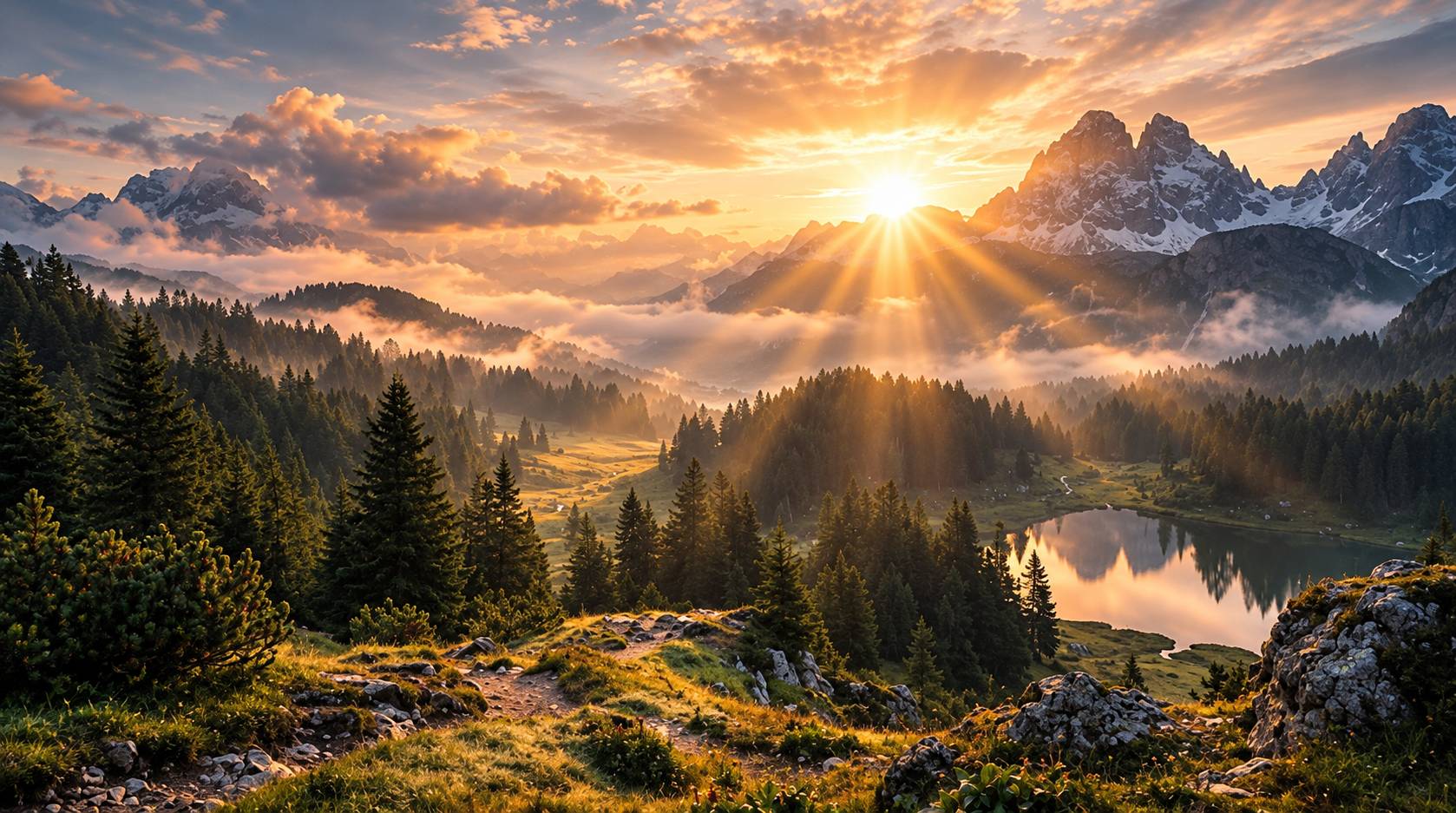 Homem contemplando o amanhecer sobre as montanhas com raios de sol dourados